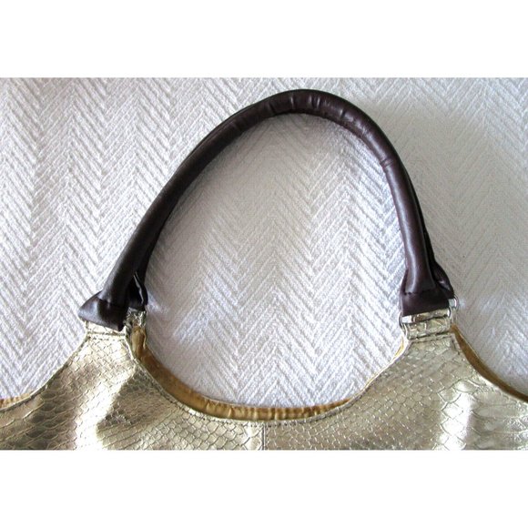 Neiman Marcus Tote-Large Shiny Gold Metallic Faux Snake Skin-Carry All Purse Bag - Picture 7 of 16